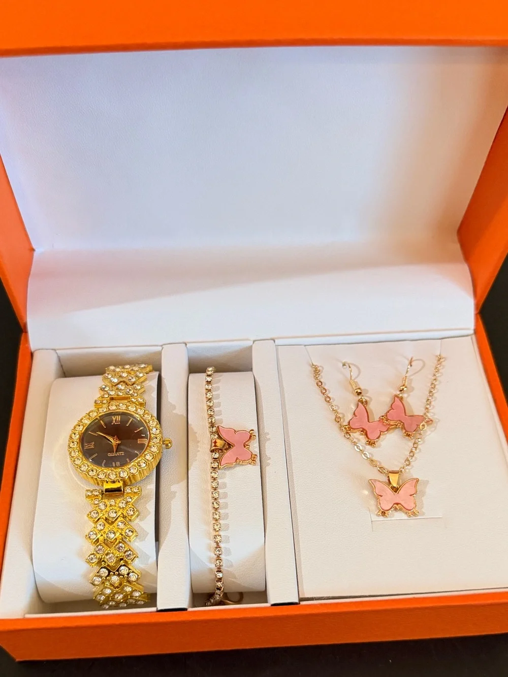 Gold-Tone Watch and Pink Butterfly Jewelry Set